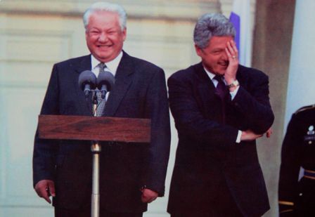 Yeltsin and Clinton laugh at a press conference. From Wikipedia