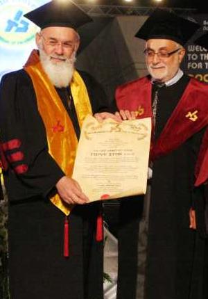 Prof. Avraham Steinberg (left) at the ceremony of awarding an honorary doctorate degree in Bar Ilan, June 2008