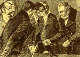 Orsted performs the experiment with electricity and magnetism. From the website of the Department of Chemistry of the Hebrew University