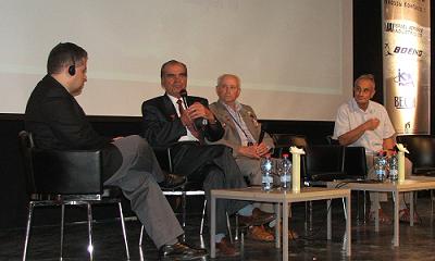 A panel of Russian space program veterans. From the right: Semyon Lipkin, Ilya Ushurev, and Tsislav Fromanko and Tal Inbar. Photo: Leon Rosenblum