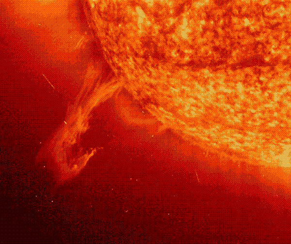 Ionized gas was ejected from the Sun following an eruption, as captured by the cameras of the SOHO satellite designed for UV observations of the Sun. The length of the trail is about thirty earth radii.