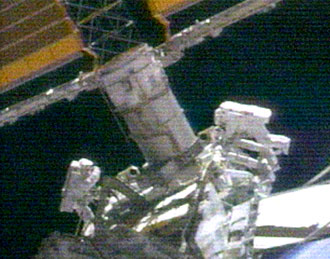 Astronauts outside the International Space Station 080107