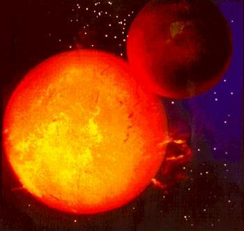 איור אמן של כוכב הלכת הראשון שהתגלה מחוץ למערכת השמש, 51 פגאסי B והשמש שלו
