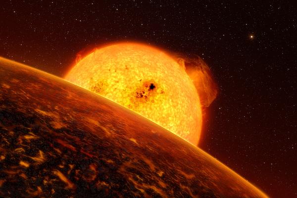 The illustration shows the parent star, TYC 4799-1733-1, the planet CoRoT-7b, and especially its hot side facing the sun. In the background is the second planet, CoRoT-7c.