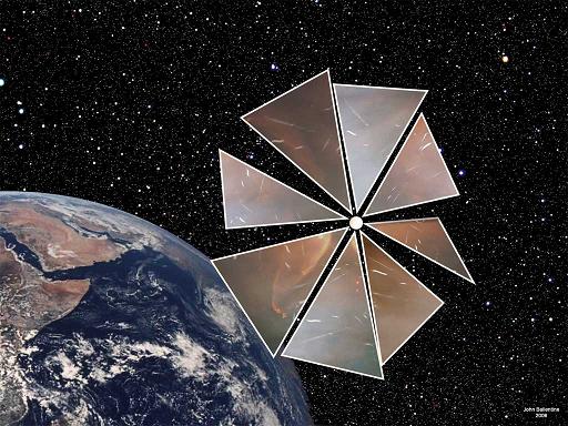 Illustration of the Cosmos 1 spacecraft, the first spacecraft equipped with a solar sail