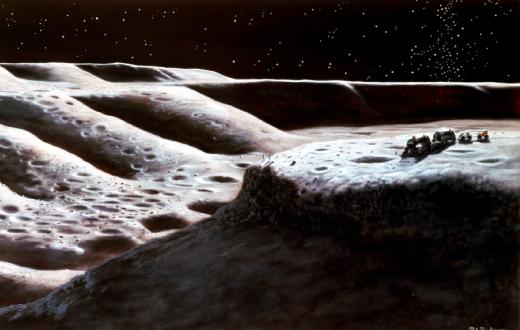 Artist's impression of the first expedition to return to the moon, landing in the Shackleton Crater at the South Pole