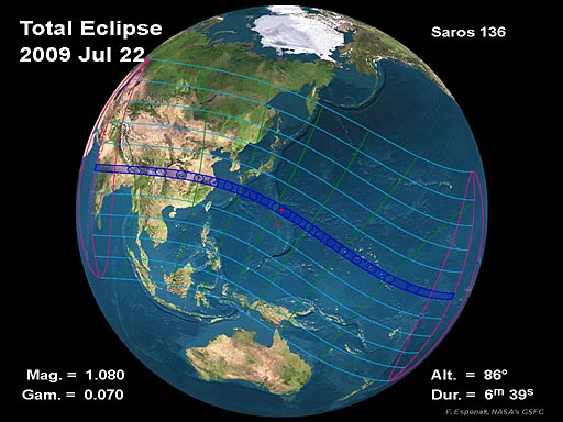 The path of the eclipse as calculated by NASA's eclipse department