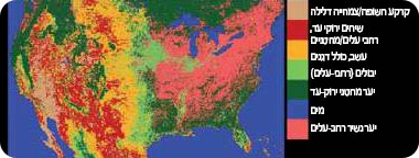 תצלום לווייני של ארצות-הברית המורכב מתמונות דימות רבות - מאפשר להבחין בסוגים שונים של צמחייה, טבעית וחקלאית