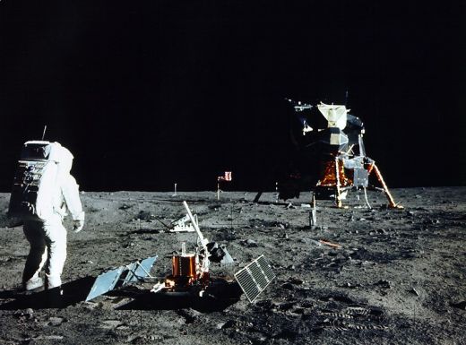 Buzz Aldrin installing the seismic experiment on the moon, July 20, 1969