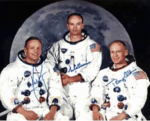 The astronauts of Apollo 11, in 1969. Neil Armstrong on the left, Michael Collins in the middle and Buzz Aldrin on the right