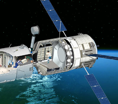 חתך המציג את החללית ז'ול ורן כשהיא מחוברת לאחת מיחידות העבודה של תחנת החלל הבינלאומית. איור: ESA-D.Ducros.