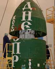 The inflatable space station packaging on the upper stage of the Dnieper launcher