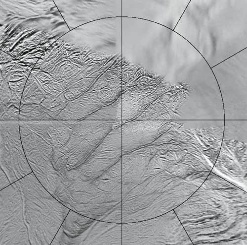 The four bands at the south pole of Enceladus, extending over a hundred kilometers. This grid surrounds Enceladus at 60 degrees south latitude