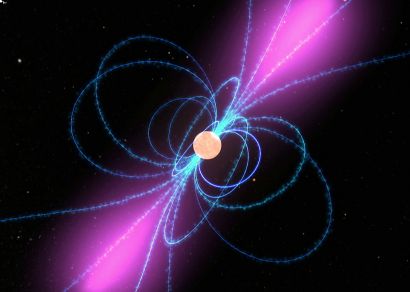 في الصورة: سحب من الجسيمات تتحرك على طول خطوط المجال المغناطيسي للنجم النابض (باللون الأزرق) وتشكل حزم من أشعة جاما (باللون الأرجواني). الرسم التوضيحي: ناسا