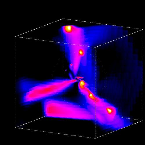 Image 3: Flow of material into the center of a galaxy through three jets of cold gas, as seen in a computer simulation of a galaxy forming in a cosmological environment. Analysis of such images forms the basis of the new theory of galaxy formation through cold jets