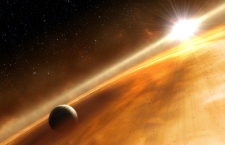 בתמונה: איור של הכוכב פורמלהוט וכוכב לכת דמוי צדק שנצפה בידי האבל. כוכב הלכת, Fomalhaut b מקיף את השמש הצעירה שלו (בת 200 מיליון שנים) במסלול שאורכו 872 שנה