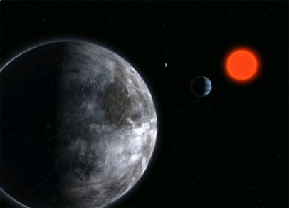 An artist's illustration of a Super-Earth orbiting the star Glace 581