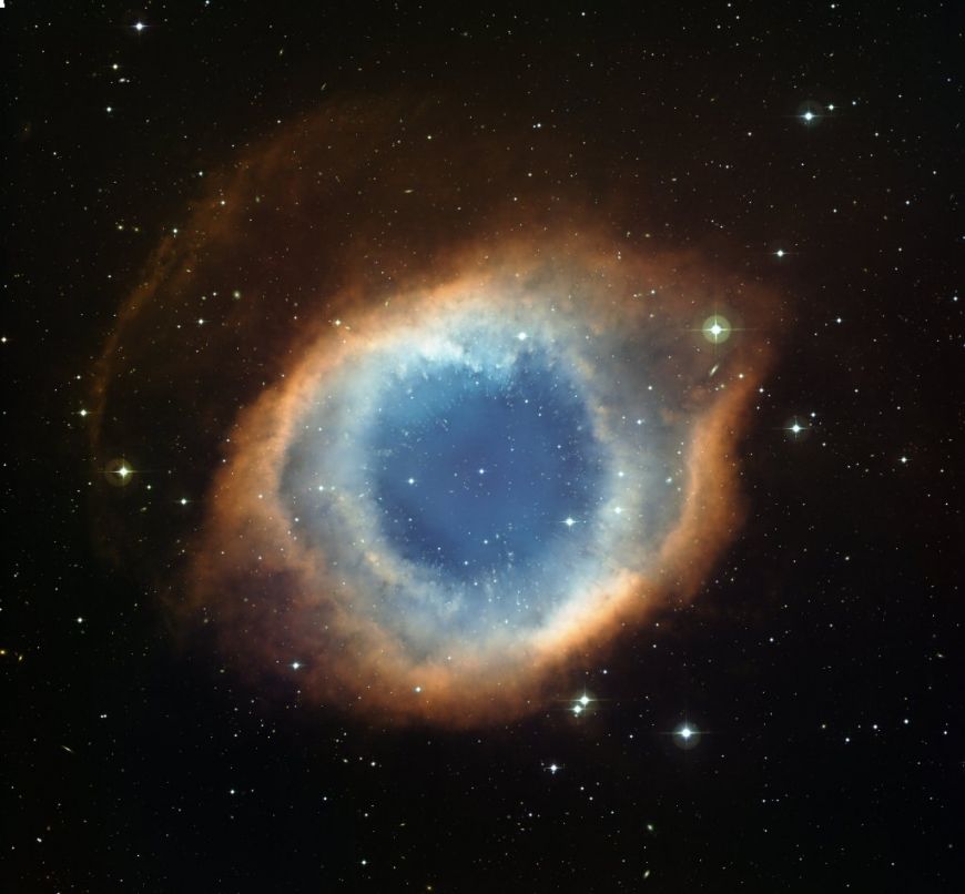 The Helix Nebula as imaged by the Wide Field Camera of the European Southern Observatory ESO. occupies an area in the sky of a full quarter moon