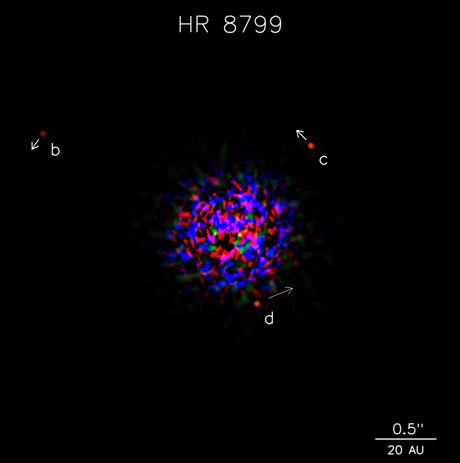 في الصورة: رسم توضيحي لنظام HR8799. الكواكب ملونة باللون الأحمر والأسهم توضح اتجاه حركتها خلال أربع سنوات
