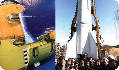 מימין לשמאל: משגר הלוויינים האיראני סאפיר בתצוגה ראשונה בעת חנוכת המרכז האיראני לחקר החלל בתחילת 2008, חופת החרטום של משגר הלוויינים האירני סאפיר. ניכר כי בוצע בה ניסוי הפרדה, דבר המעיד על מצב מתקדם של תכנית הפיתוח