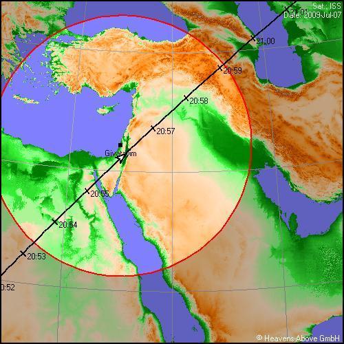 The expected trajectory of the space shuttle over Israel this coming Tuesday. From the heaven above software