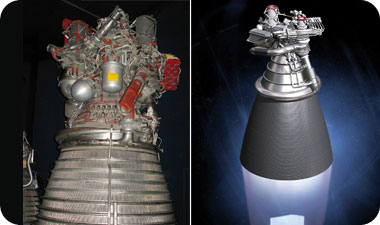 Right: J-2-X engine: a re-production of the second and third stage engine of the Saturn 5 rocket, and for comparison - an original J-2 engine from the Apollo era [courtesy of nasa photo]