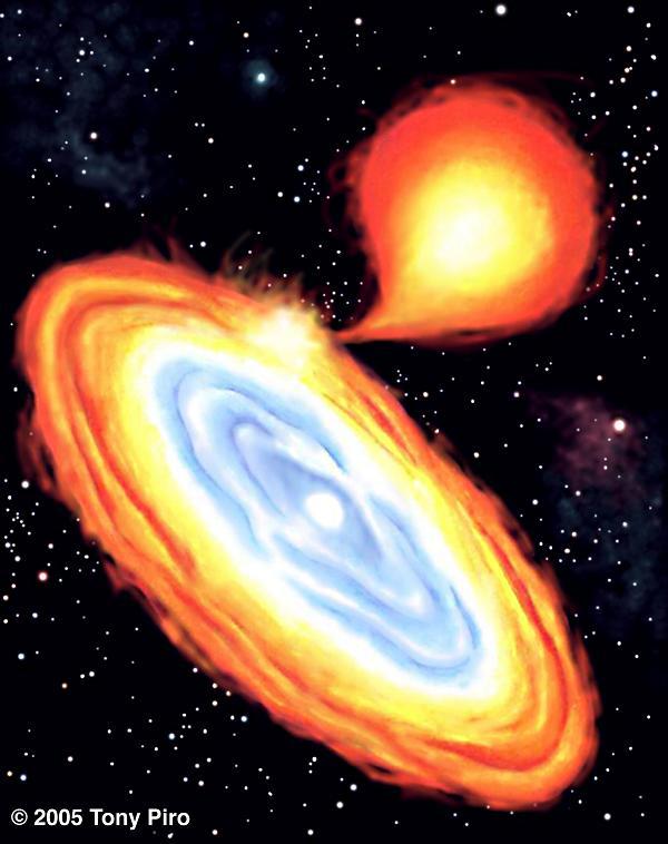 התמונה המצורפת מראה כיצד עשויה להראות מערכת כוכבים שתתפוצץ כסופרנובה מסוג Ia. איור: טוני פירו, קאלטק
