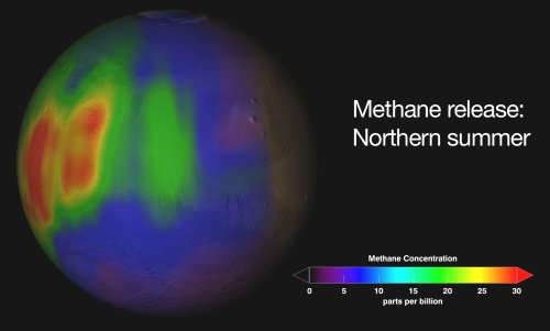 Pictured: Methane plumes found in the Martian atmosphere during the summer in the Northern Hemisphere.