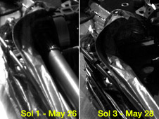 In the left picture, you can see the joint of the robotic evil in a folded state as it was seen on the first day of the spacecraft's immersion, and on the right - on the third day after the arm was deployed away from the lander's deck. Photo: NASA, JPL/Caltech and the University of Arizona