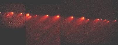 Image taken by the Hubble Space Telescope, depicting the evolution of the brightest region of Comet Shoemaker-Levy. The colors in the picture are not natural. The shades of red represent different light intensities.