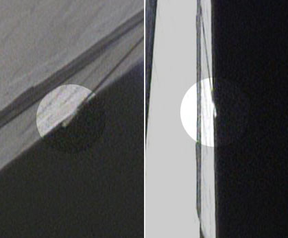 שני צילומים המתארים את התרחקות העצם המלבני מהמעבורת דיסקברי
