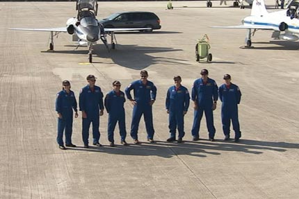 Atlantis crew members on the STS-125 mission line up at the Kennedy Space Center on Friday, May 8, 2009 for the Hubble Space Telescope upgrade to begin this coming Monday