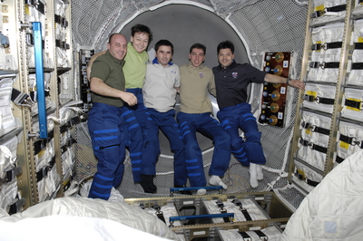 The 16th crew and the 17th crew of the space station inside the ATV. Jules Verne provided them with additional volume for activity