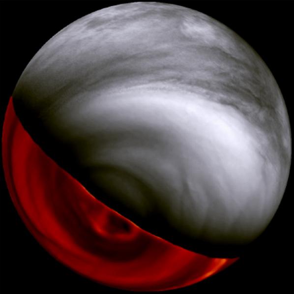 كوكب الزهرة كما تم تصويره من المركبة الفضائية Venus Express - جانب النهار في الضوء المرئي والجانب الليلي في الأشعة تحت الحمراء