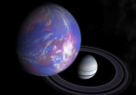 An artist's rendering of a moon orbiting a planet outside the solar system