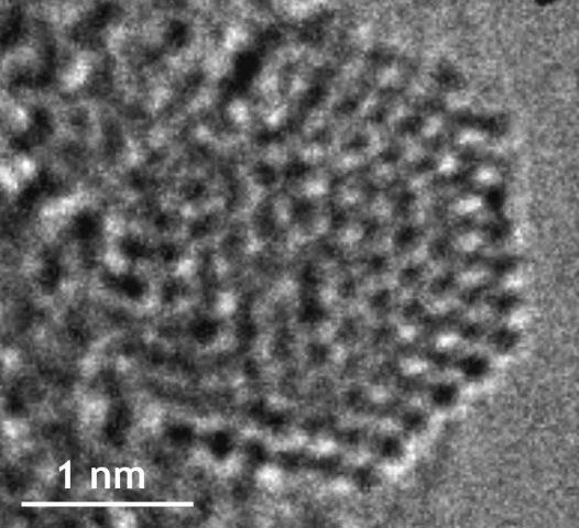 בתמונה: תמונת מיקרוסקופית אלקטרונים חודרת בכושר הפרדה אטומי, המראה אטומי פלטינום בודדים (הנקודות הכהות) בתוך ננו-גביש. צולם ע''י ד''ר ירון קאופמן במיקרוסקופ 'טיטן' בטכניון