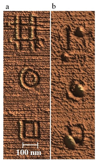 على اليسار: علامات تم "رسمها" بالليزر باستخدام طريقة مطورة في المعهد. عرض الخط أضيق 50 مرة من الطول الموجي لضوء الليزر. على اليمين: العلامات التي تم "رسمها" باستخدام الطريقة الموجودة