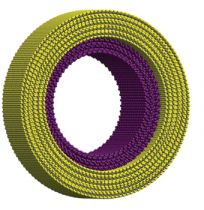 The model describing an inorganic nanotube made of tungsten disulfide (the yellow-gray layer), and inside it another inorganic nanotube, made of lead iodide (purple-green layer). The model was created by Dr. Jeremy Sloan from the University of London