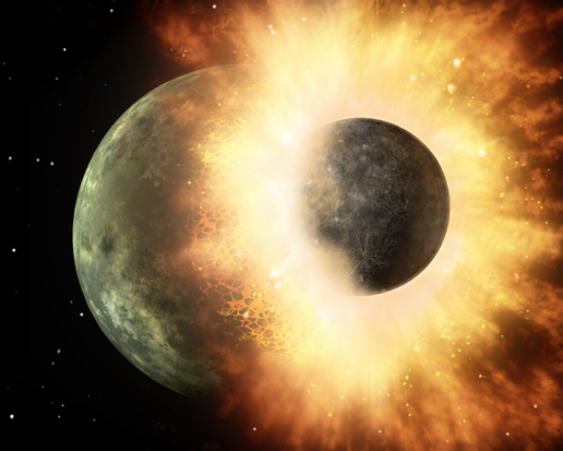 A body the size of our moon collides with a planet the size of Mercury. Image: NASA