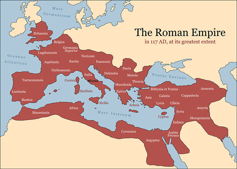 Map of the Roman Empire at its peak - 117 AD. Illustration: shutterstock
