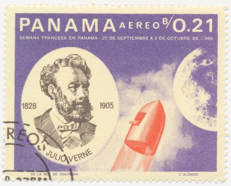 Stamp depicting Jules Verne's book "To the Moon". Illustration Solodov Alexey / Shutterstock.com