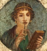 אישה קוראת ספר בדמות קודקס. ציור קיר מפומפיי, לפני שנת 70 לספירה