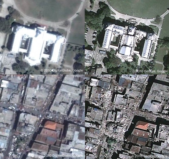 הארמון ומרכז העיר פורט או פרינס - משמאל: צילומי לוויין לפני האסון מימין: לאחריו. צילום: הלוויין GEOEYE העובד בשירות גוגל ארץ