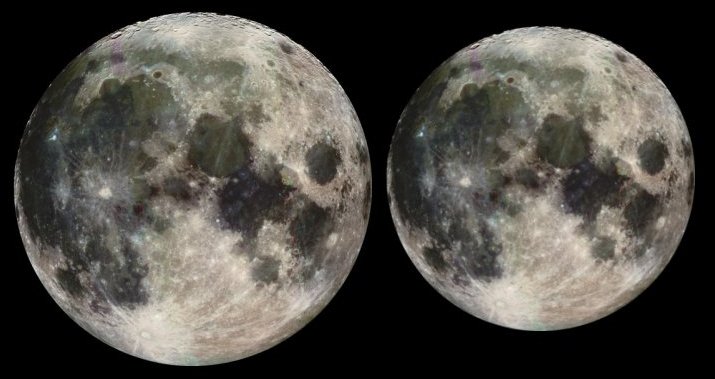 ירח מלא באפיגיאה (מימין) ובפריגיאה (משמאל). צילום: פרויקט גלילאו, נאס"א