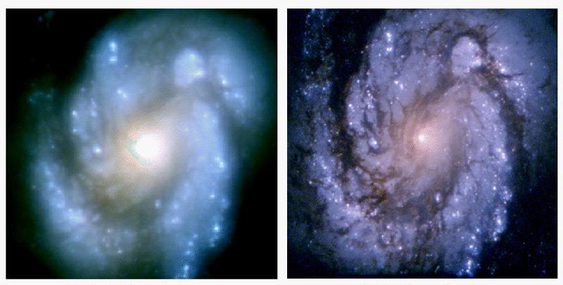 הגלקסיה M100 כפי שצולמה על ידי האבל לפני משימת השידרוג הראשונה ב-1993 (משמאל) ולאחריה (מימין). צילום: טלסקופ החלל האבל/נאס"א/סוכנות החלל האירופית