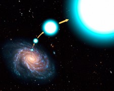 תפיסת אמן של הכוכב המאיץ HE 0437-5439. הכוכב הכחול החם נזרק משביל החלב במהירות שהספיק לו להימלט מכבלי המשיכה של הגלקסיה. הוא כעת טס דרך השוליים החיצוניים של שביל החלב במהירות של 2.5 מיליון קמ"ש הרחק מעל דיסקת הגלקסיה, כ-200 אלף שנות אור מן המרכז. הוא מיועד לנוע כעת בחלל הבינגלקטי. איור: נאס"א, סוכנות החלל האירופית וג. בייקון מהמכון המדעי של טלסקופ החלל.