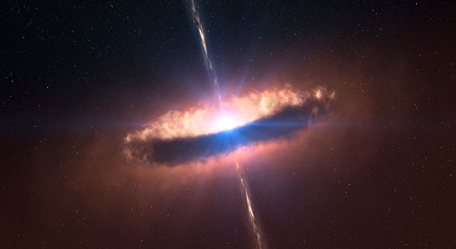 תפיסת אמן של דיסקה המקיפה כוכב ענק צעיר. האסטרונומים הצליחו לראשונה להביט בבהירות על דיסקת אבק המקיפה מקרוב כוכב ענק צעיר. תגלית זו מספקת עדות ישירה לכך שכוכבים מאסיביים נוצרים באותה דרך בה נוצרים אחיהם הקטנים יותר ובכך היא סוגרת ויכוח סוער. תפיסת האמן מראה כיצד עשויה דיסקה מאסיבית כזו להיראות. צילום: ESO/L. Calçada