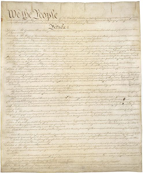 העמוד ראשון של העותק המקורי של החוקה האמריקאית