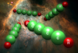 Diacetylene cation, חלקיק המורכב משני אטומי מימן וארבעה אטומי פחמן התגלה בעננים בין כוכביים שקופים. איור: ק.ר. או'דל, אוניברסיט ונדרבילט, נאס"א, PAS ו –IPC