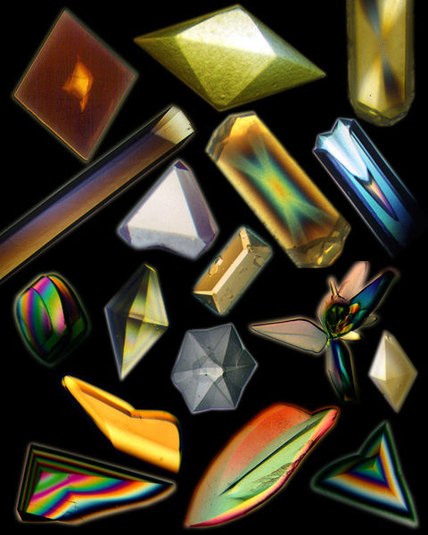 Protein crystals, some of which were grown on the American space shuttle and some on the Russian space station.